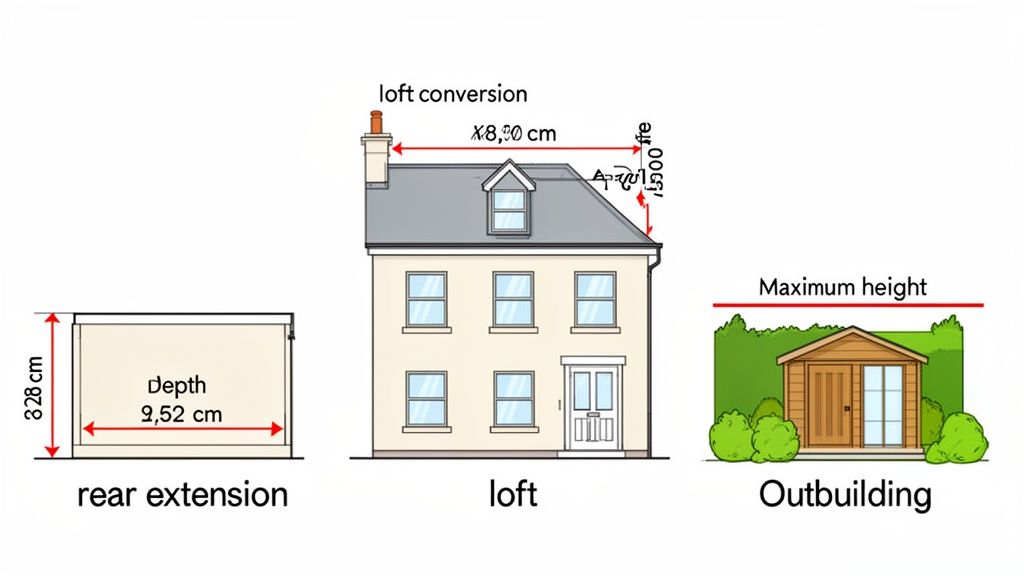 Diagrams detailing permitted development rules for rear extensions, loft conversions, and outbuildings, including measurements.