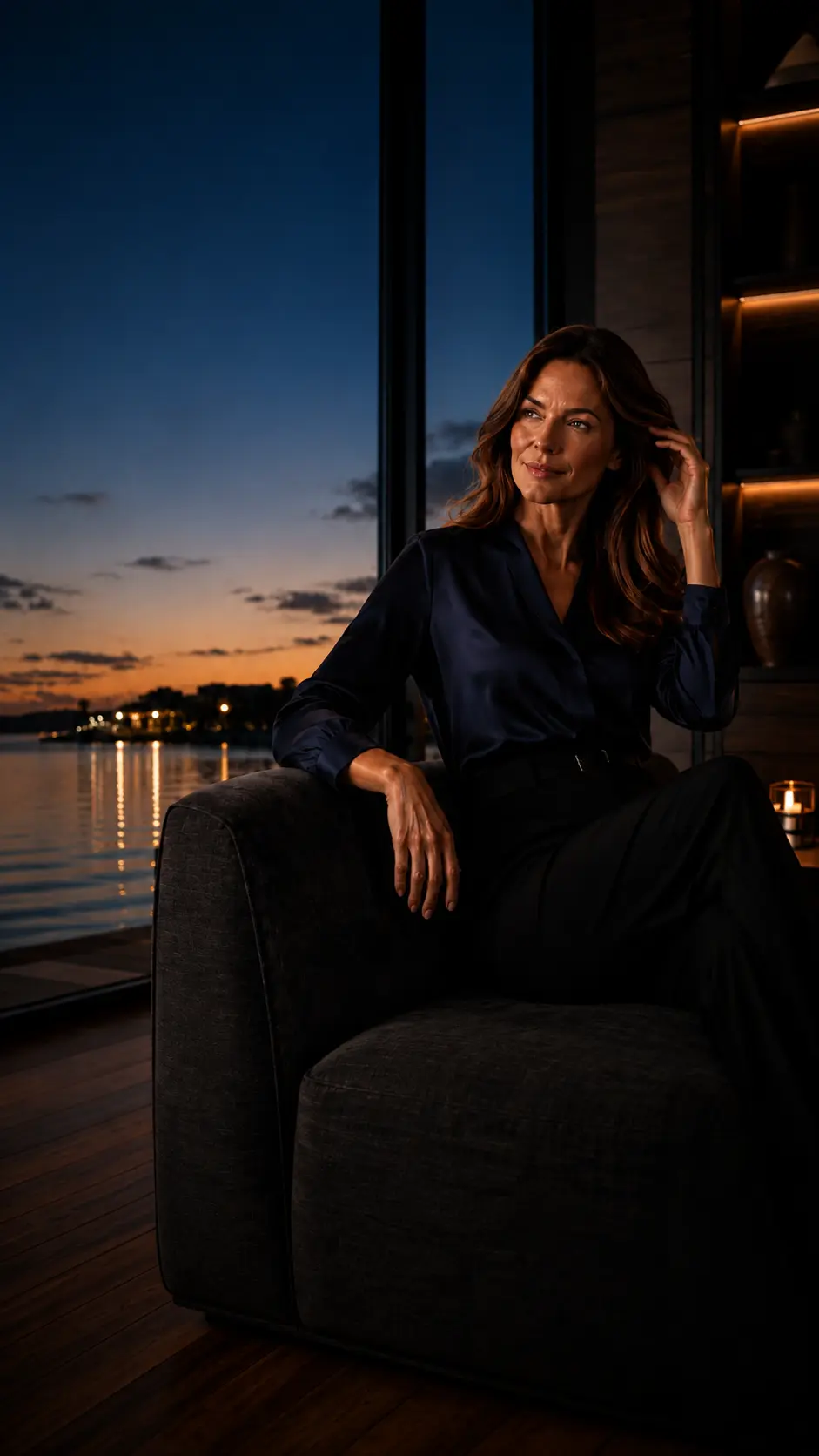 Woman seated in an armchair by a window at dusk