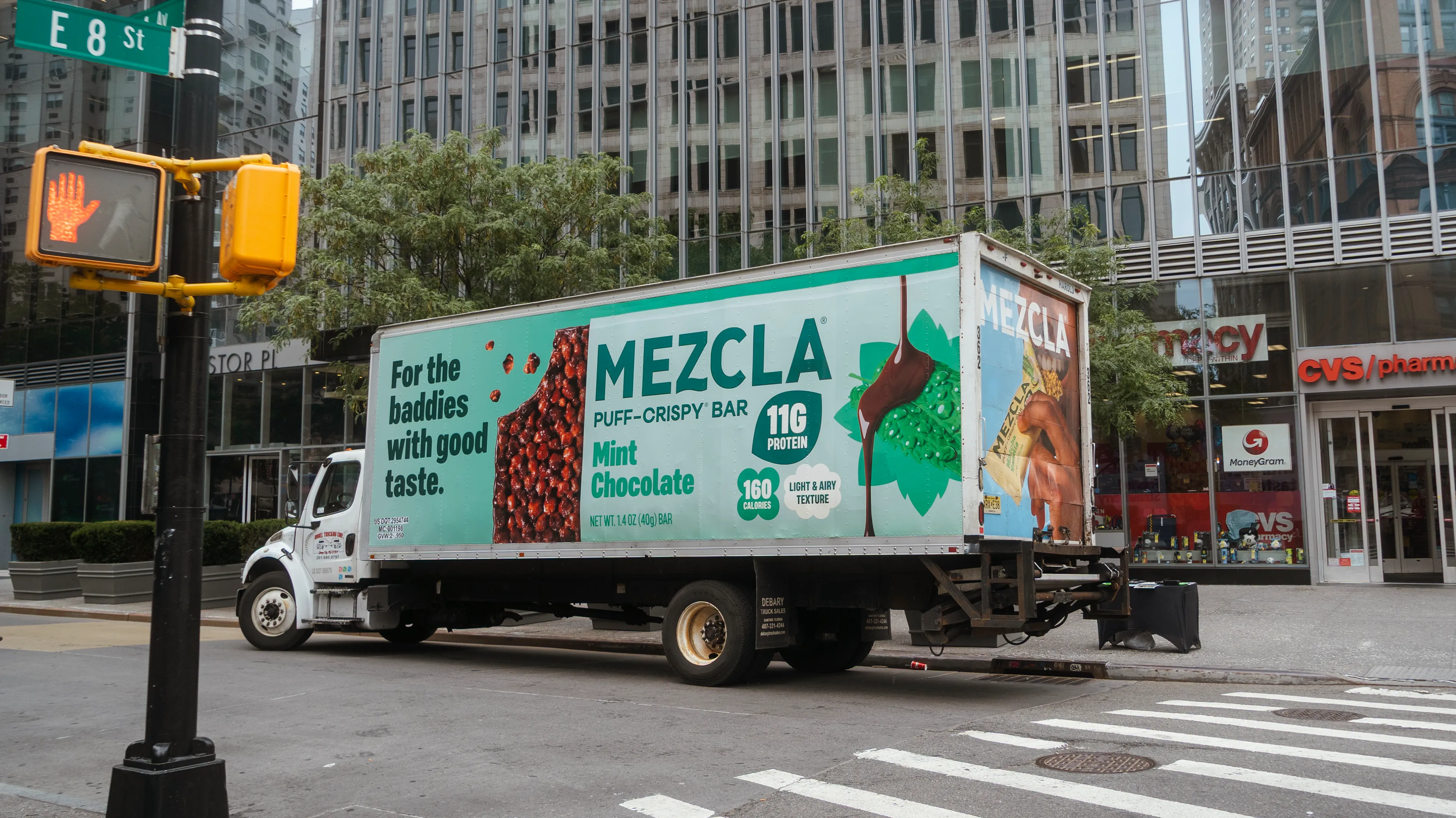 Mezcla Mint Chocolate box truck wrap parked on East 8th Street in Manhattan