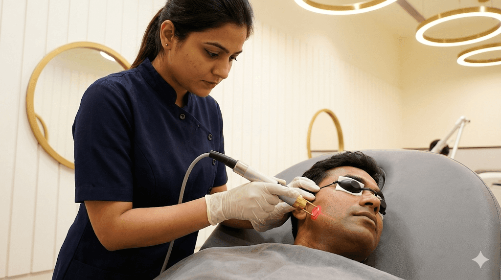 Close-up of a laser technician carefully applying the laser handpiece to define the cheek line of a male patient.