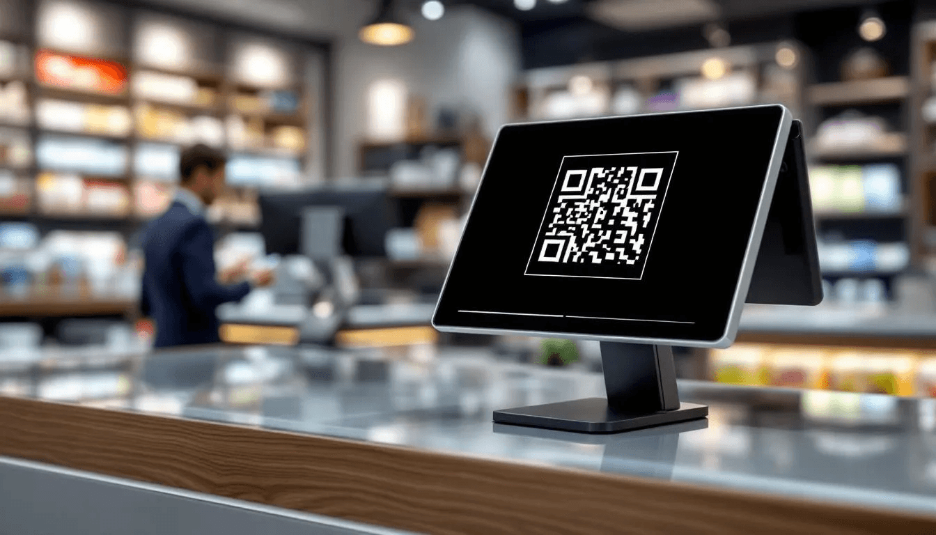 The image shows a Bitcoin payment QR code prominently displayed at a modern retail checkout counter, illustrating the growing acceptance of digital currency as a payment method. This QR code allows customers to make secure Bitcoin transactions, highlighting the integration of cryptocurrency in everyday financial exchanges.