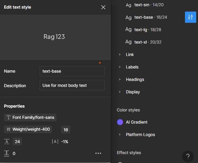 Base text style screen in Figma using typography variables