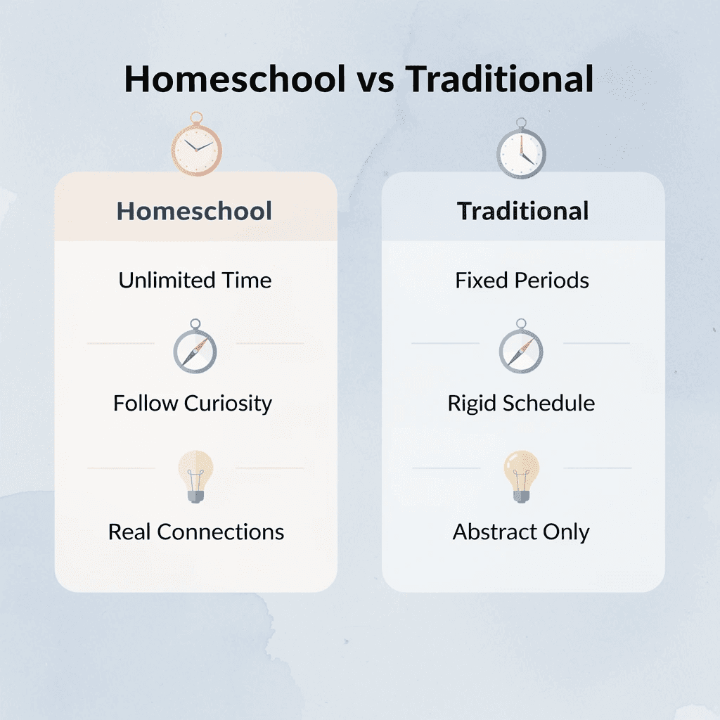 Comparison chart showing homeschool advantages versus traditional classroom challenges