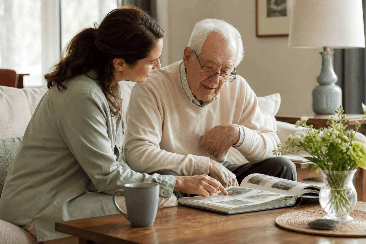 The image depicts an elderly man and a younger woman, likely his daughter, seated on a couch in a cozy living room environment. They are closely looking through a photo album together, with the woman pointing at pictures within the album. The setting includes a wooden coffee table with a mug and a vase of fresh flowers, contributing to a warm, homely atmosphere. This image can be used to illustrate family bonding, memory sharing, caregiving moments, or intergenerational interactions in a home or eldercare context.