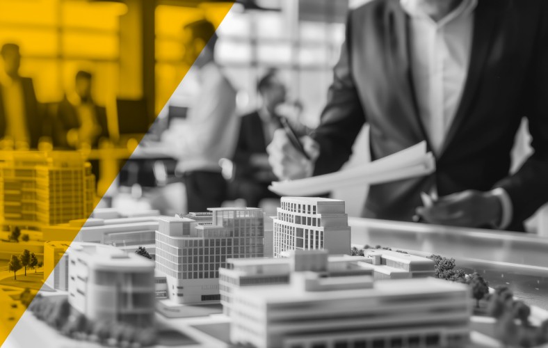 Real estate professionals reviewing architectural model, representing AI-driven leasing and portfolio optimization