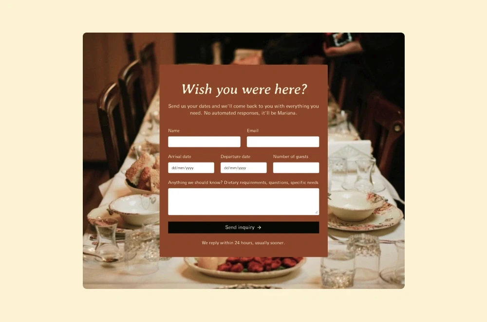 Terracotta-toned enquiry form UI titled 'Wish you were here?' layered over a long dinner table with family-style dishes.