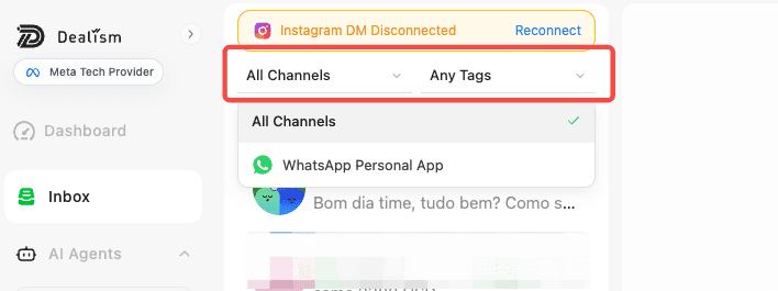Dealism Inbox channel and tag filters above the conversation list