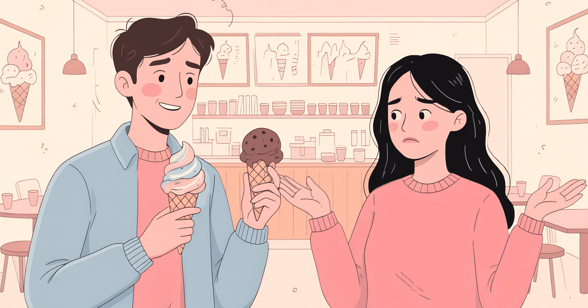 Illustrated young couple standing in an ice cream shop. The man on the left wears a blue sweater, holds a swirl ice cream cone in one hand, and offers a chocolate ice cream cone with the other, smiling. The woman on the right wears a pink sweater and looks uncertain, gesturing with one hand as if deciding. Shelves with cups and bottles behind them, ice cream artwork on the walls. Warm pink and cream tones. Flat painterly style, variable linework. counter, looking indecisive with arms open, choosing between two ice cream cones - one colorful rainbow swirl and one chocolate with cookie pieces. A glass display case full of ice cream flavors is behind her, with a smiling server in the background. Warm cream background, flat painterly style, variable linework.
