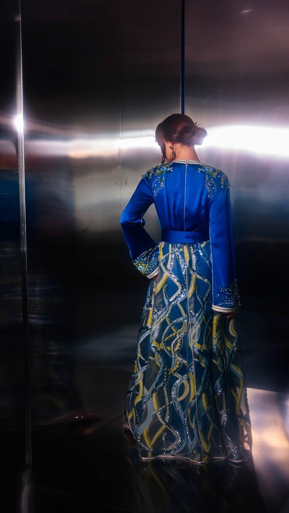 Royal blue Moroccan caftan with detailed hand embroidery, luxury handcrafted piece for high-end events in Bahrain