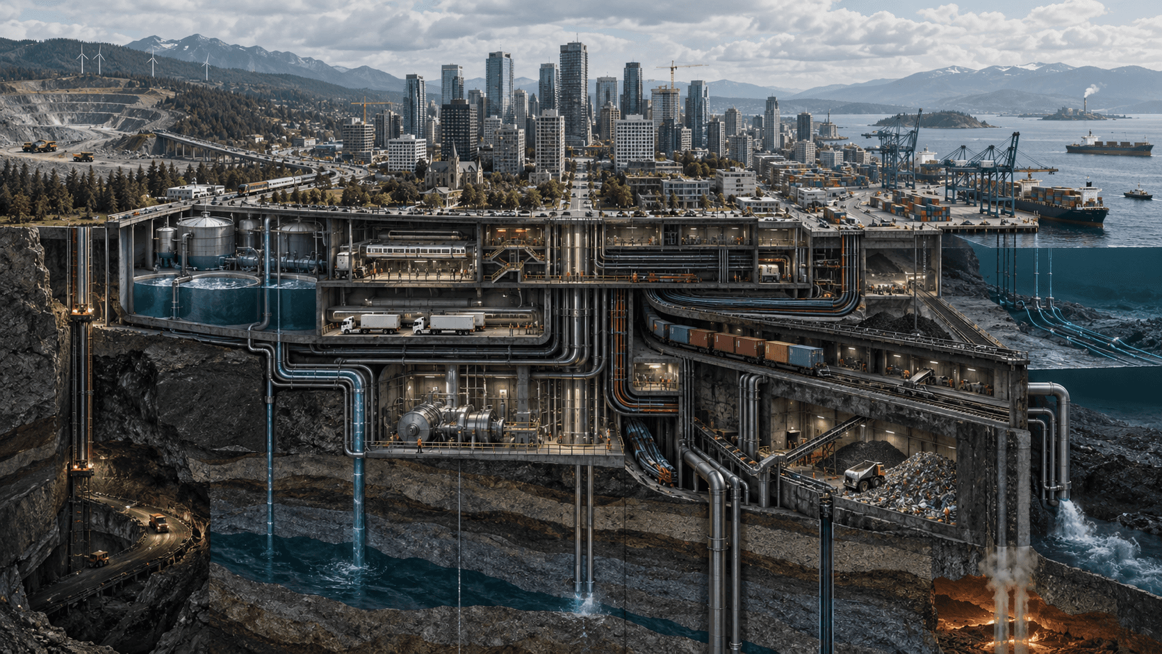 A city and port reveal the material infrastructure, water and energy systems beneath them.