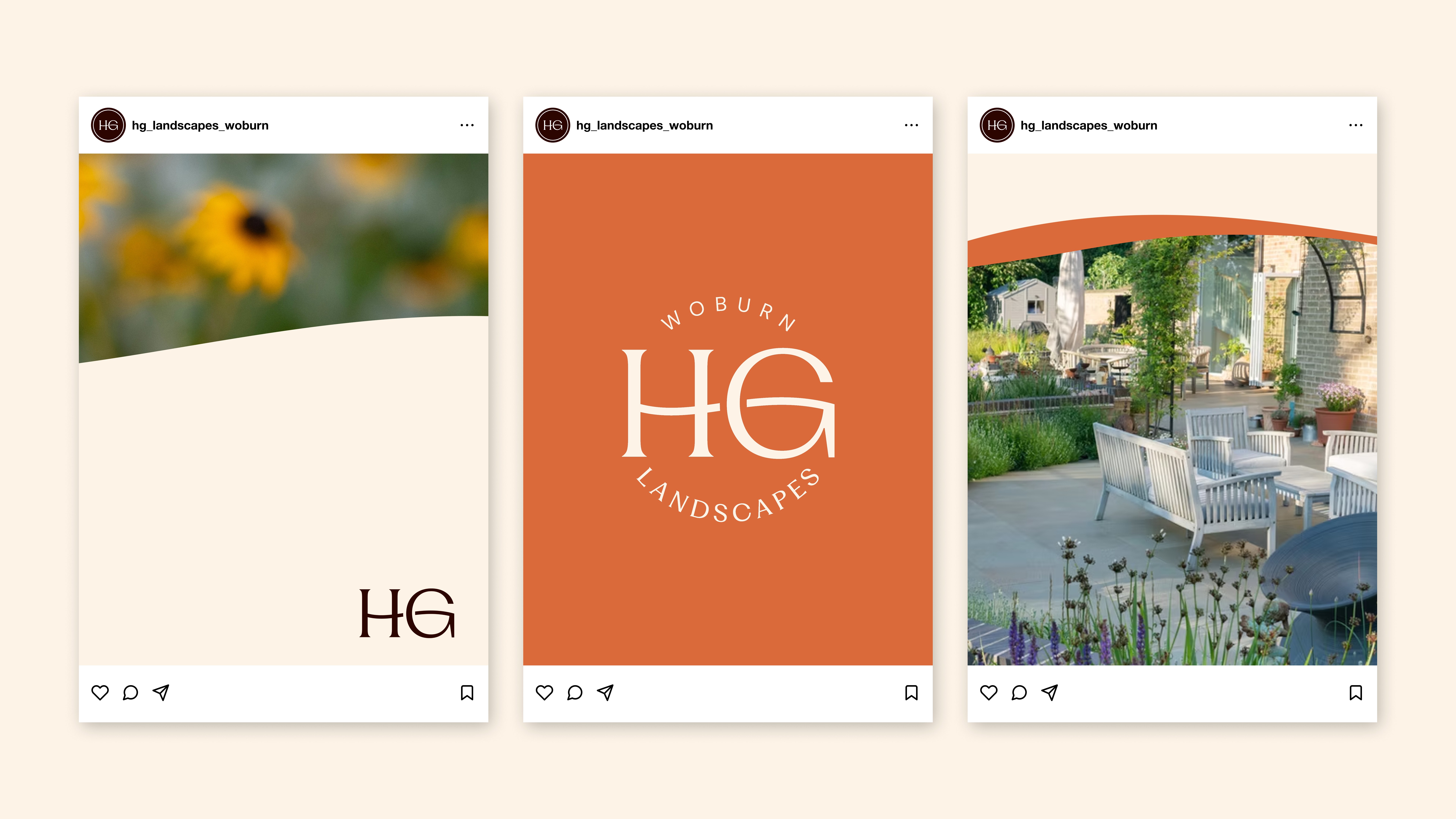 Three Instagram-style posts displaying images of nature, an orange graphic with "HG," and an outdoor setting.