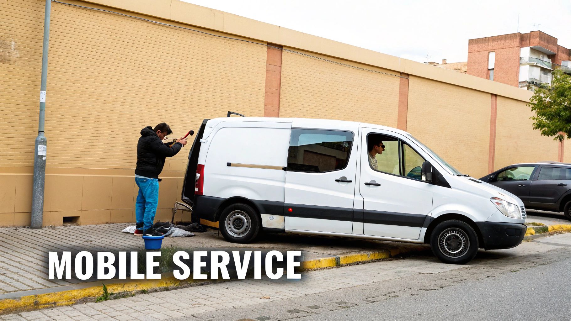 Two men performing a mobile car window replacement service on a white van parked on a street.
