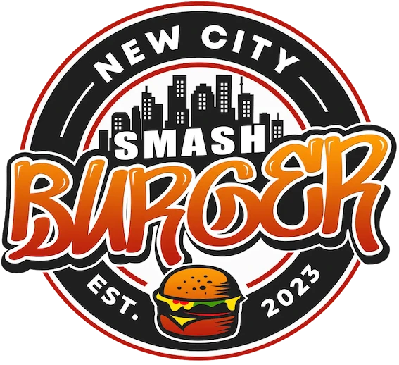 Logo for "New City Smash Burger," featuring a burger graphic and a city skyline in a circular design.