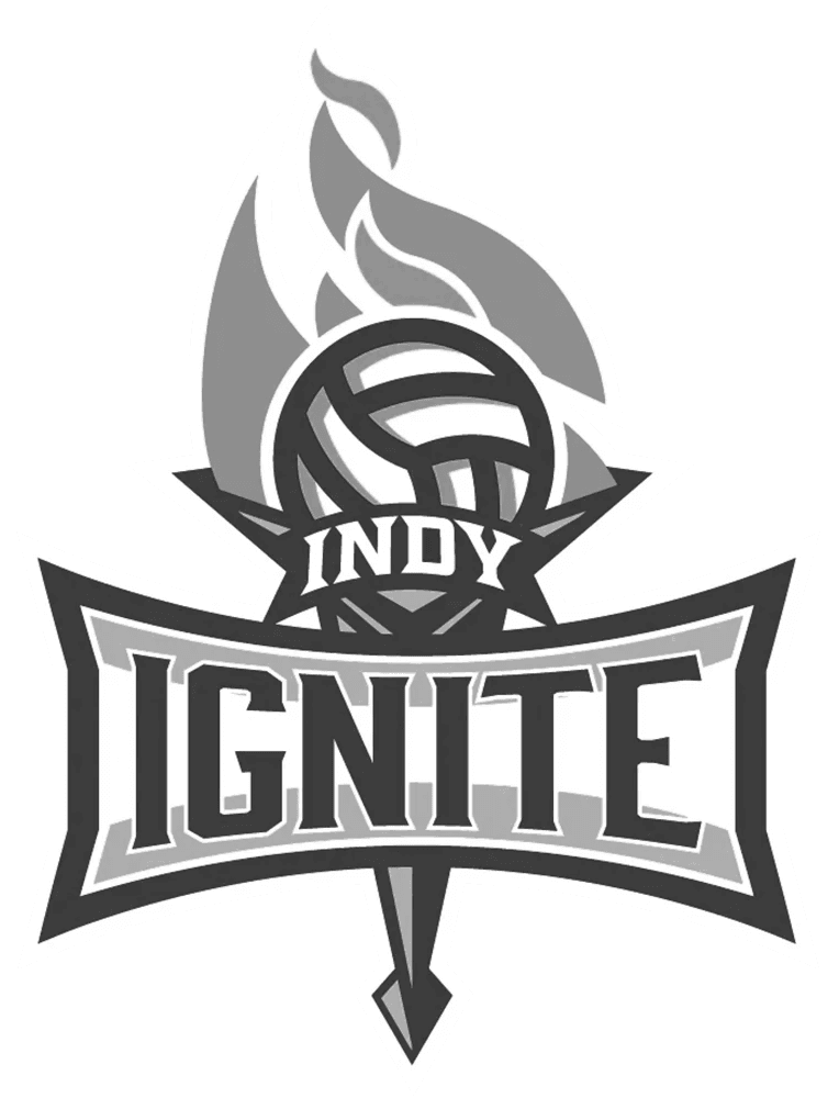 Logo of Indy Ignite featuring a stylized volleyball with flames, surrounded by a dynamic banner and bold typography.