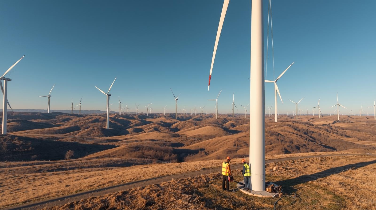 Engineering team inspecting equipment around an active wind power plant.
