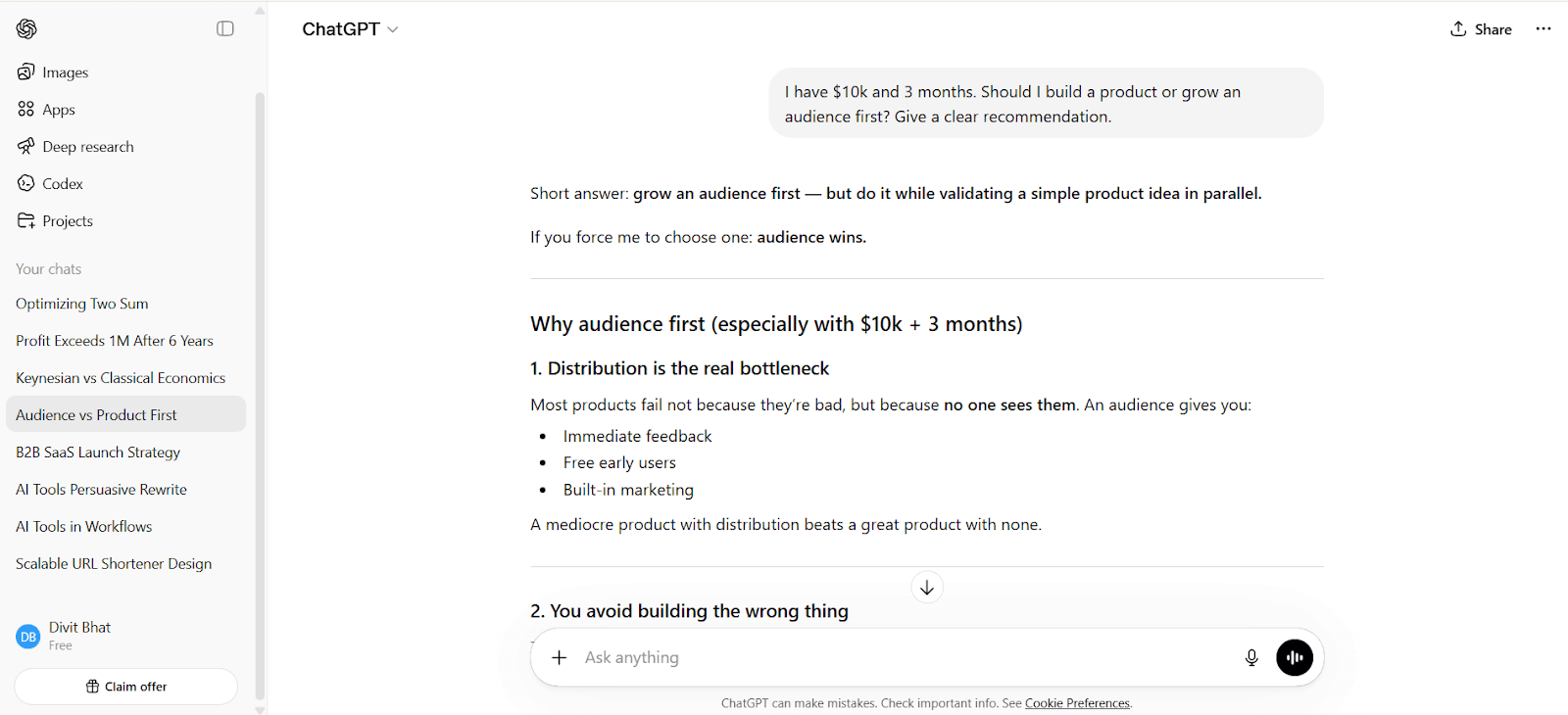 ChatGPT Output for Making a decision under constraints