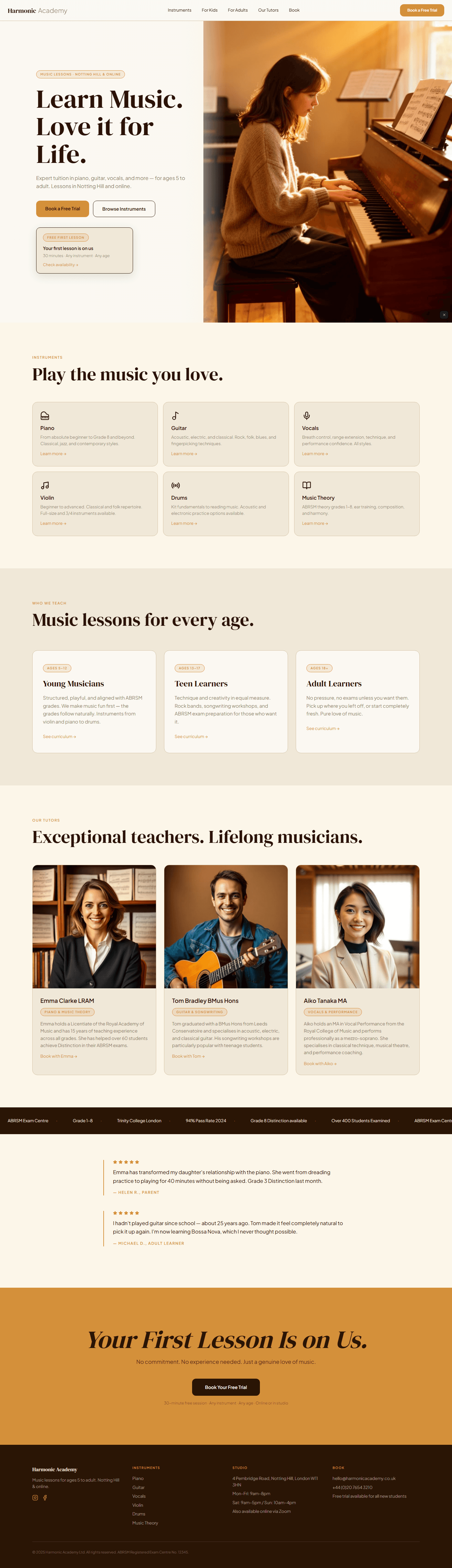 Full preview of a warm mahogany and off-white music school website with amber accents and DM Serif Display headlines. A split hero with a floating free trial card, six-instrument grid, and amber CTA section make the site feel accessible and aspirational.