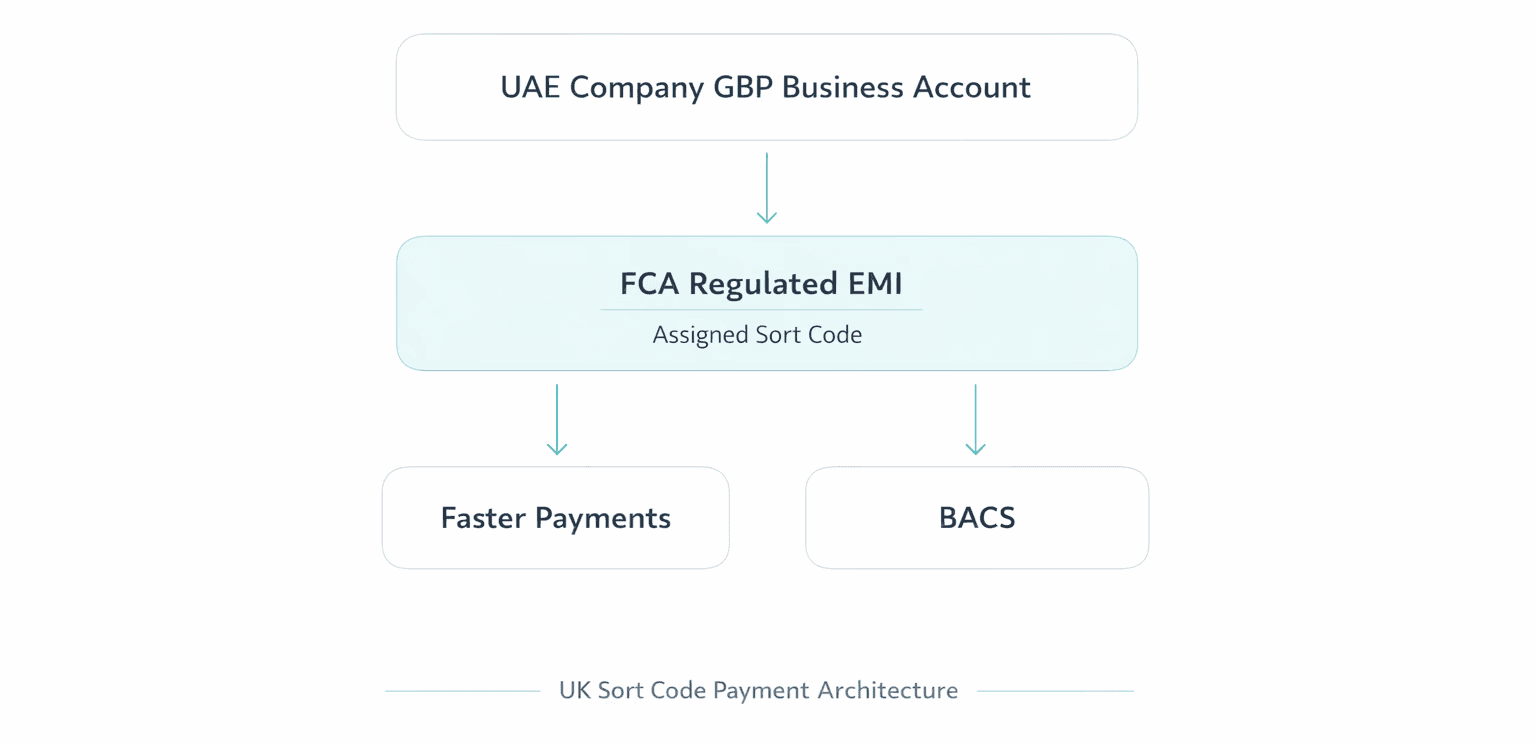 Diagram of UK payment infrastructure showing Faster Payments, BACS, and CHAPS connected to an FCA-authorised EMI account held by a UAE company