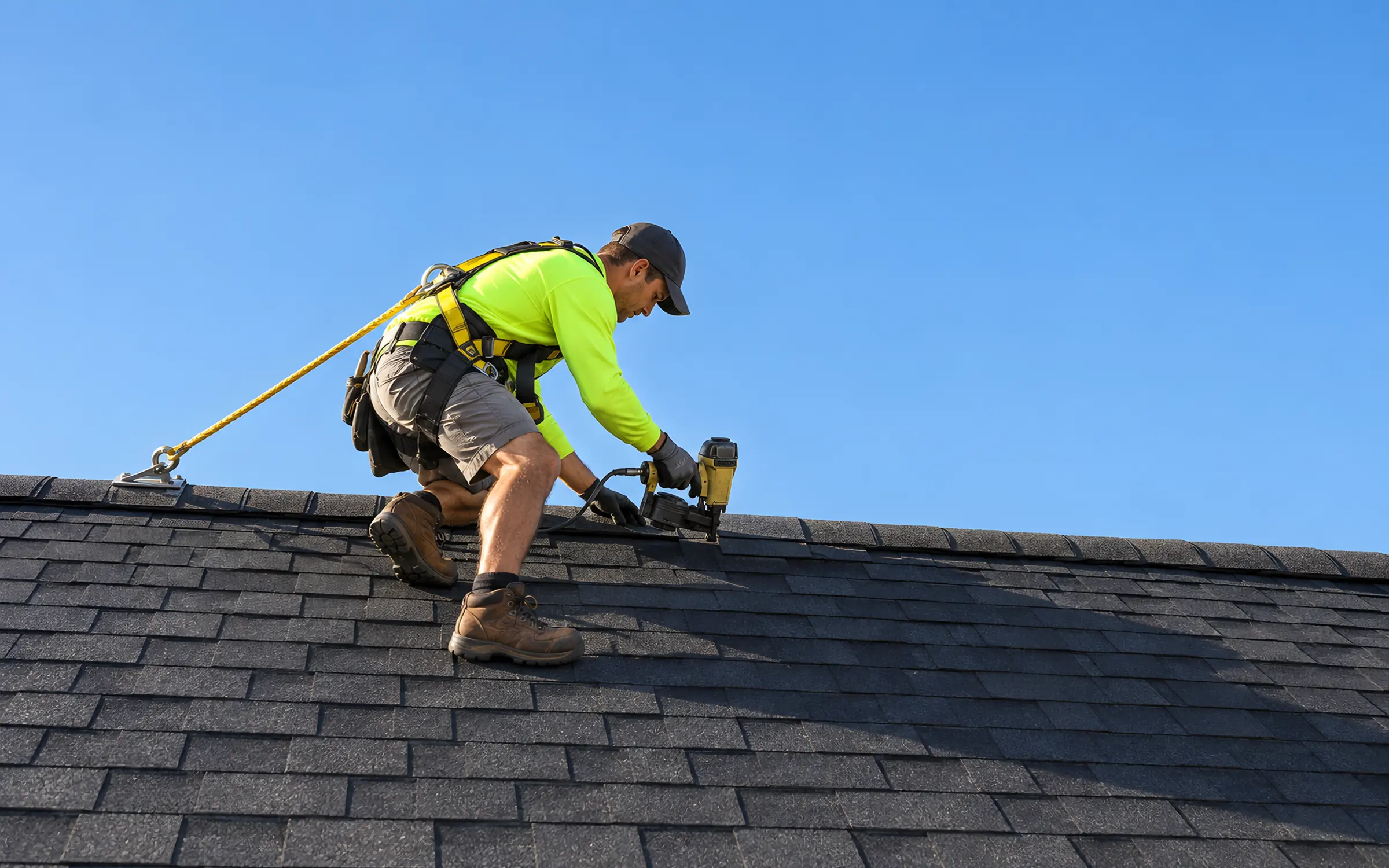 A Halden roofer in a hi-vis shirt and fall-arrest harness fastening shingles near the ridge of a house