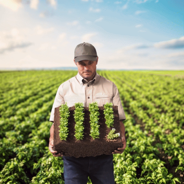 GIF showin the same post production photo treatment of a person standing in a field, with changing fields backgrounds.