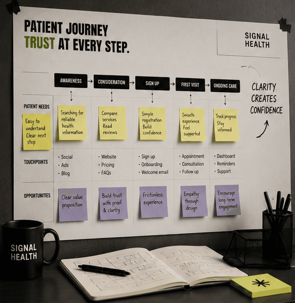 Healthcare patient journey map showing touchpoints, trust-building opportunities, and experience design planning.