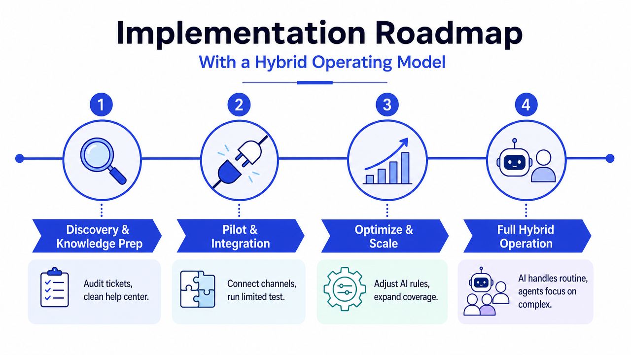 A four-step roadmap illustrating the implementation of an AI-powered hybrid customer support operating model.