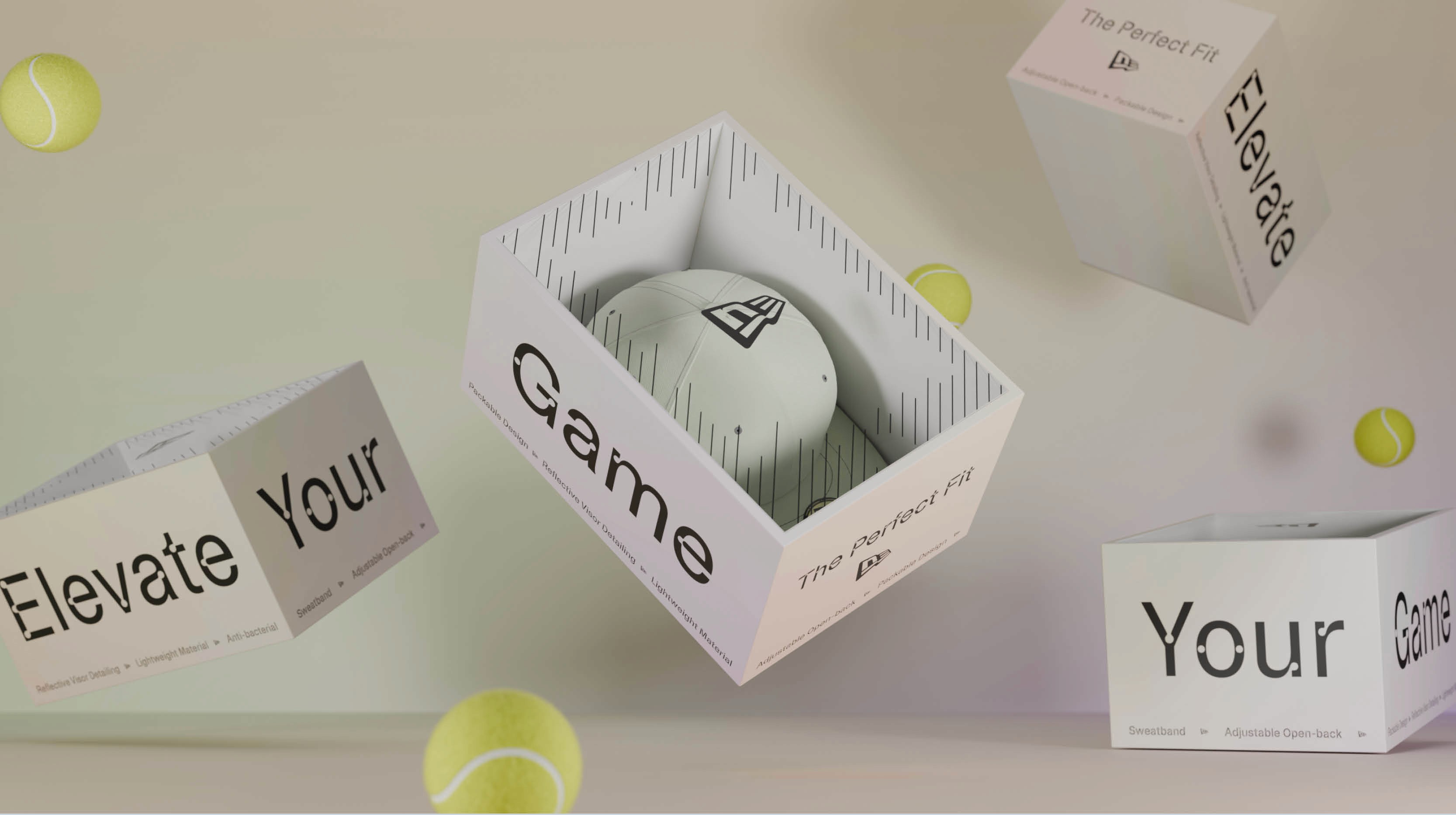 Branded gifting box graphic showcasing a backless cap campaign, featuring custom packaging design