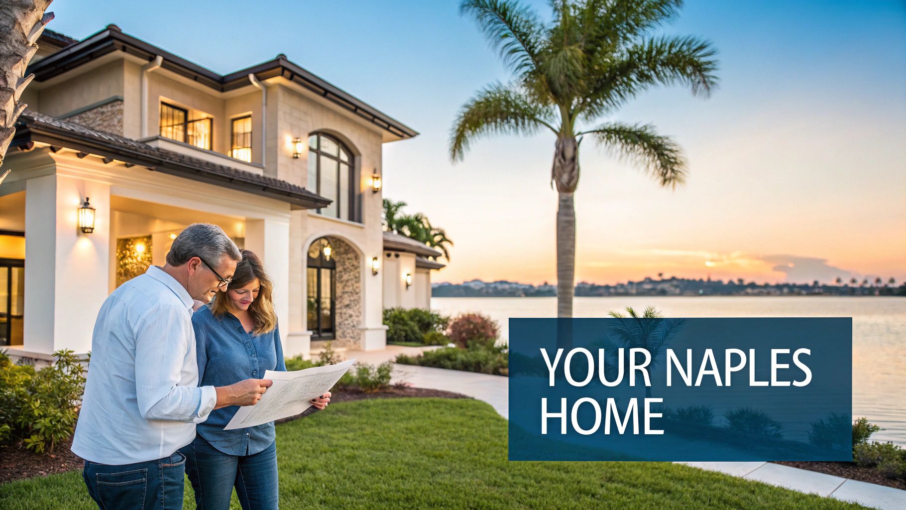 A couple reviews architectural plans in front of a beautiful high-end home by a lake at sunset.