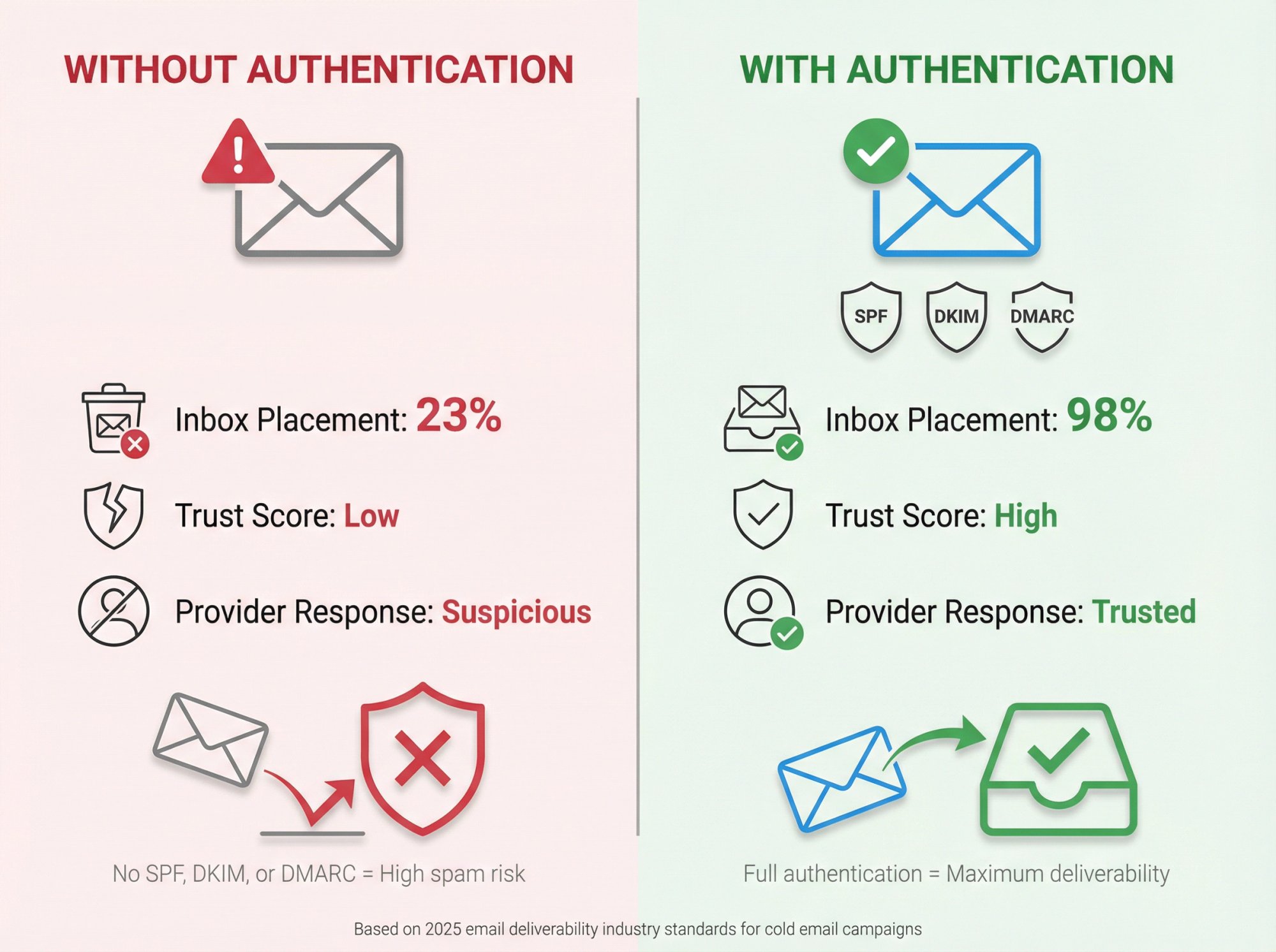 Split comparison showing authenticated vs unauthenticated email delivery with trust scores and inbox placement rates