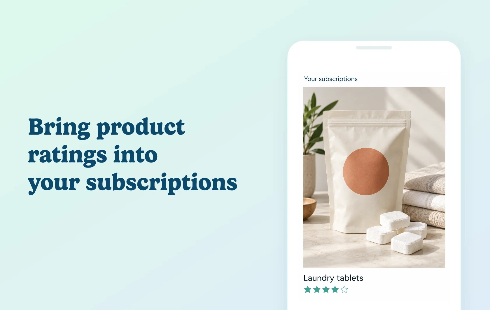 Judge.me and Recurpay integration: illustration of a subscription portal showing laundry tablets and their product rating inside a phone.
