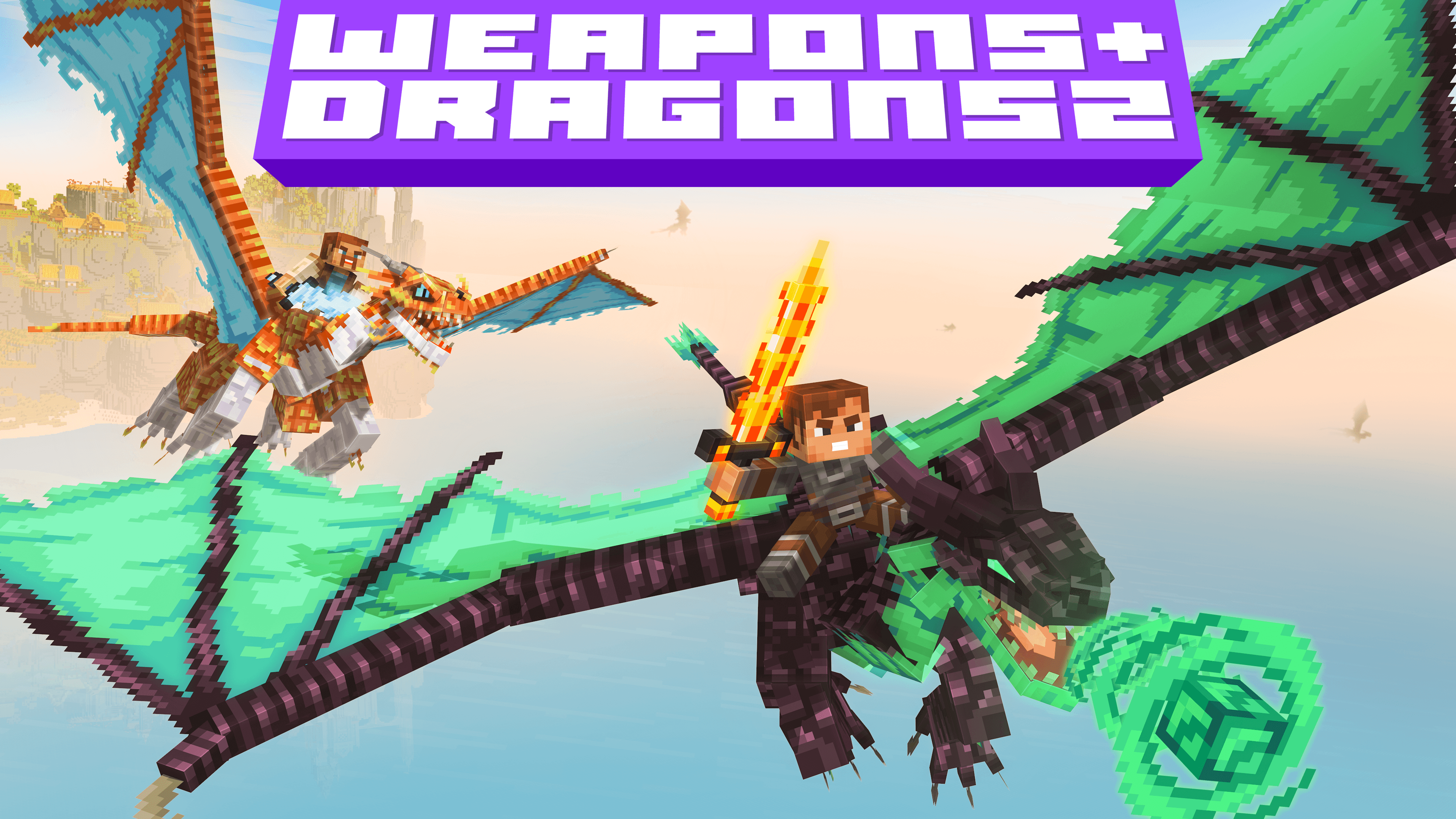 2 minecraft characters riding in a dragon