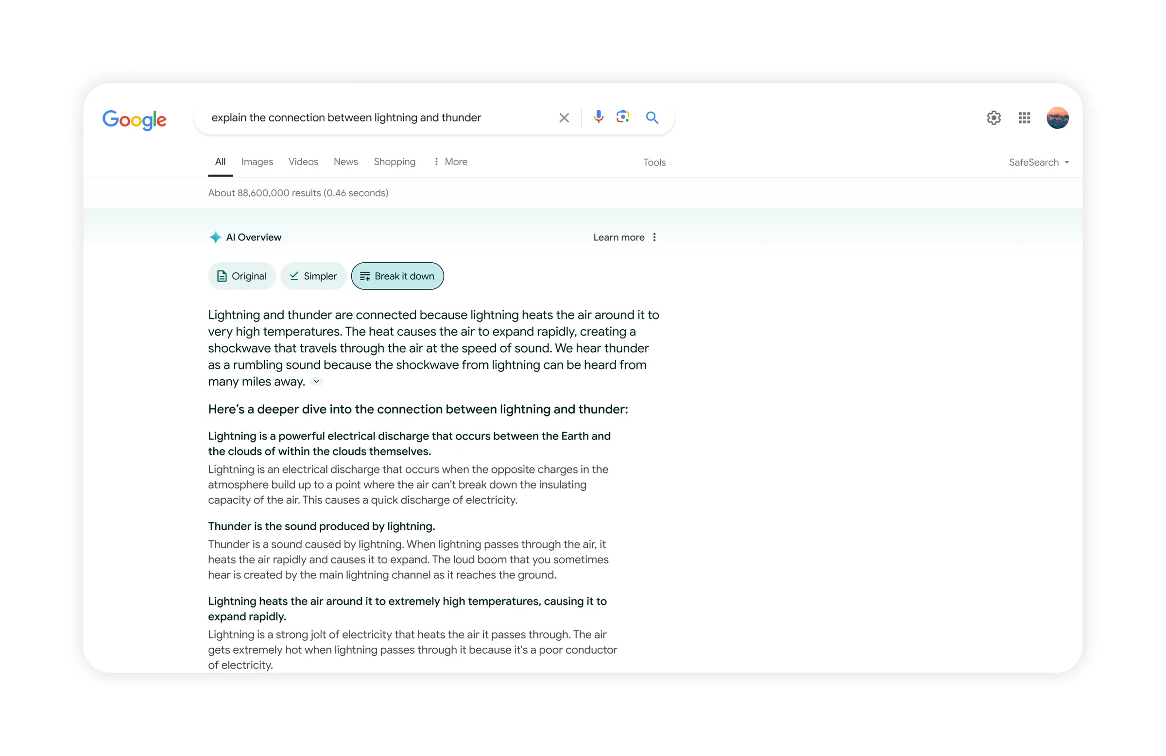 A Google search results page for the query "explain the connection between lightning and thunder," showing search results, a summarized answer on the two phenomena, and an AI overview to enhance understanding.