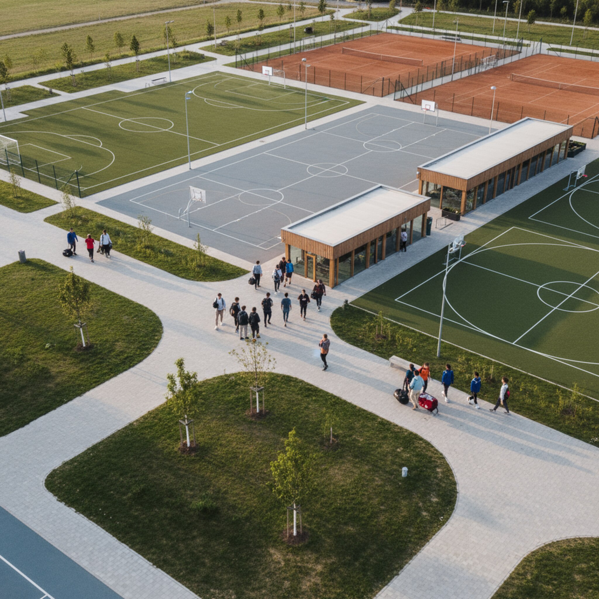 Luftansicht eines städtischen Sportparks mit mehreren Hallen und Außenplätzen, Schulklasse verlässt die Halle, Vereinsmannschaft trifft ein, spätnachmittägliche Sonne, realistischer Fotostil