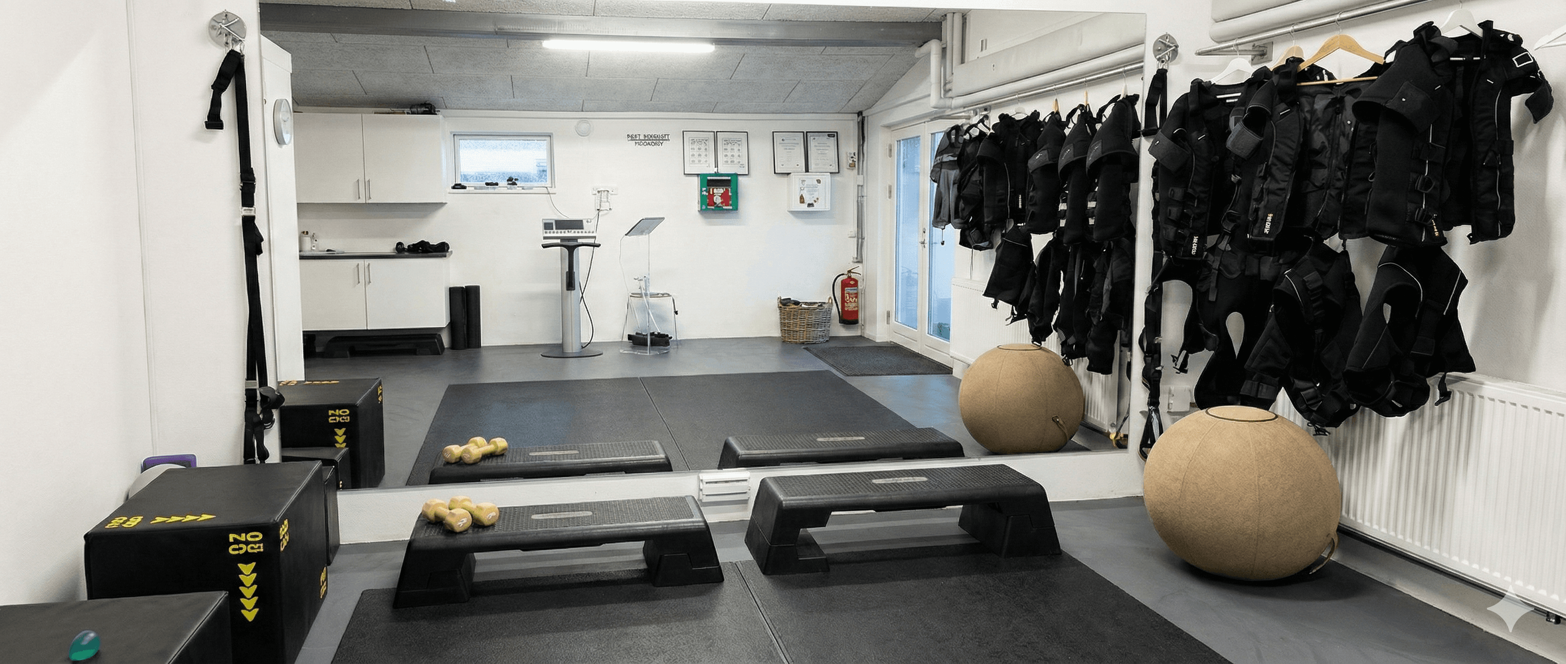 Two individuals are working out in a gym, focusing on dumbbells and strength training equipment.