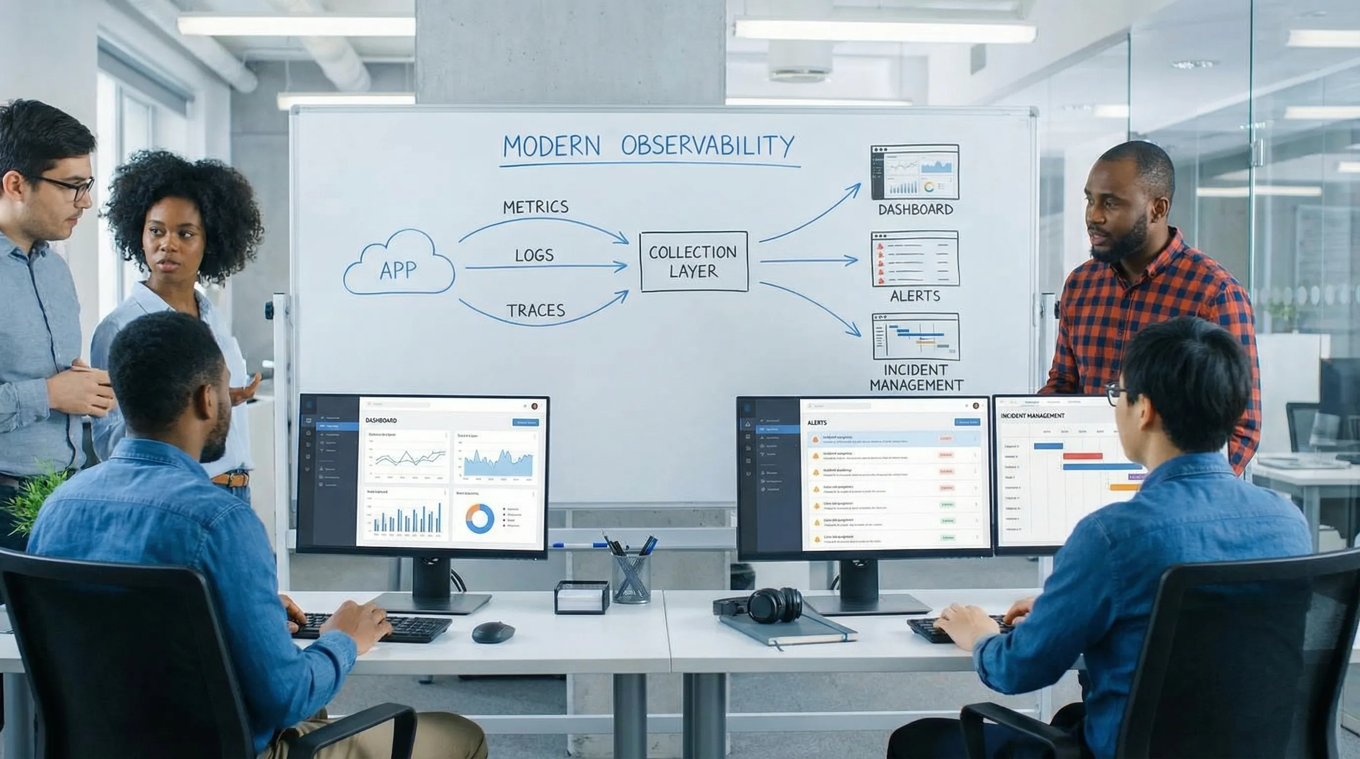 Egyszerűsített modern observability kép: egy alkalmazásból metrikák, logok és trace-ek érkeznek egy közös gyűjtőrétegbe, majd dashboard, riasztás és incidenskezelés felé mennek tovább.