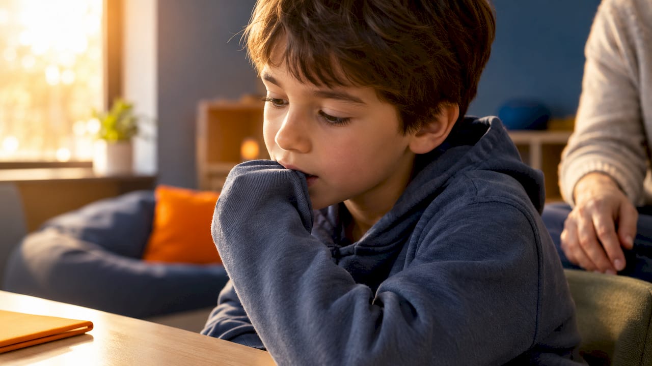 Niño mordiendo la manga de su sudadera