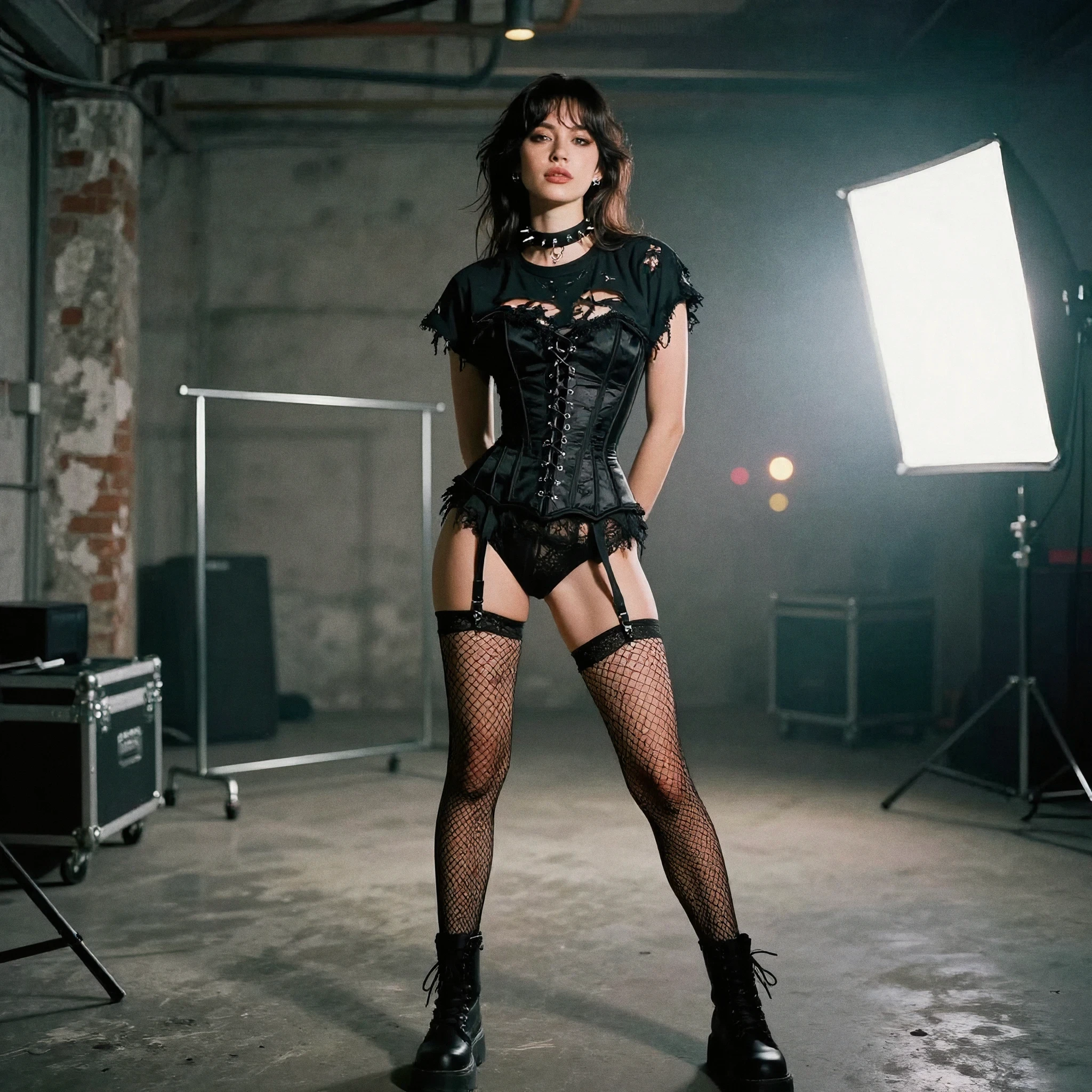 Woman in a black corset, garter straps, and fishnets standing in a studio.
