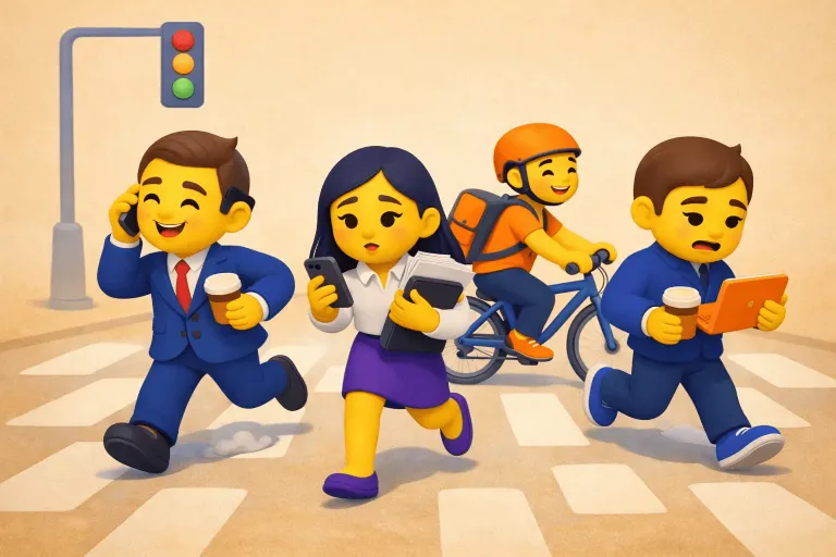 3D-иллюстрация в стиле emoji: люди спешат по городскому переходу, символ городской суеты и ритма дня — обложка статьи о биоритмах человека