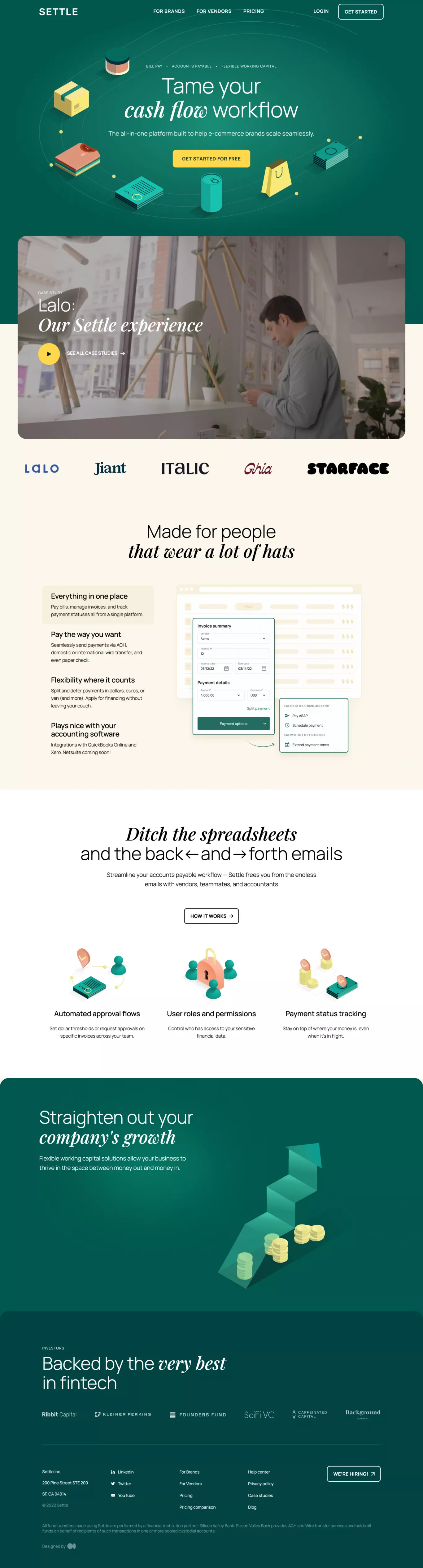 Tame your cash flow workflow landing page screenshot showcasing Tech and Marketing design