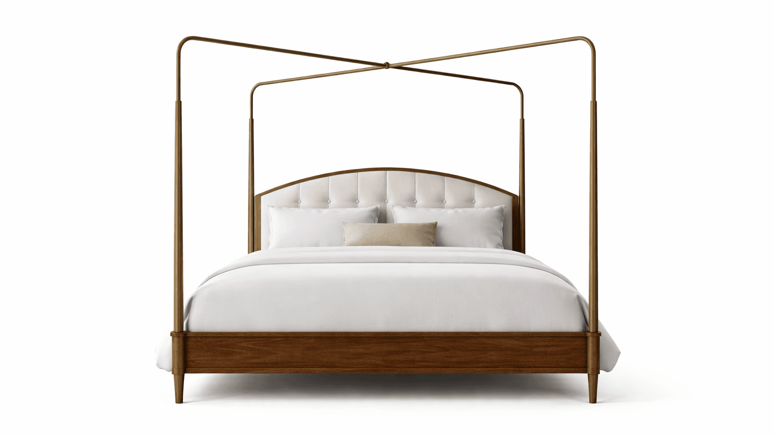 Upholstered bed with arched metal frame and suspended canopy form