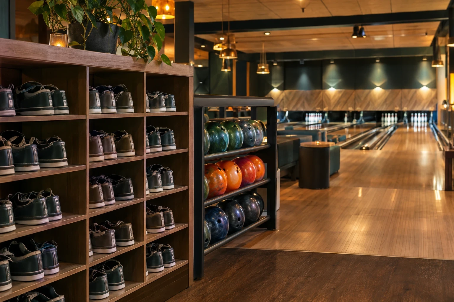 Rental shoes and balls at a bowling center