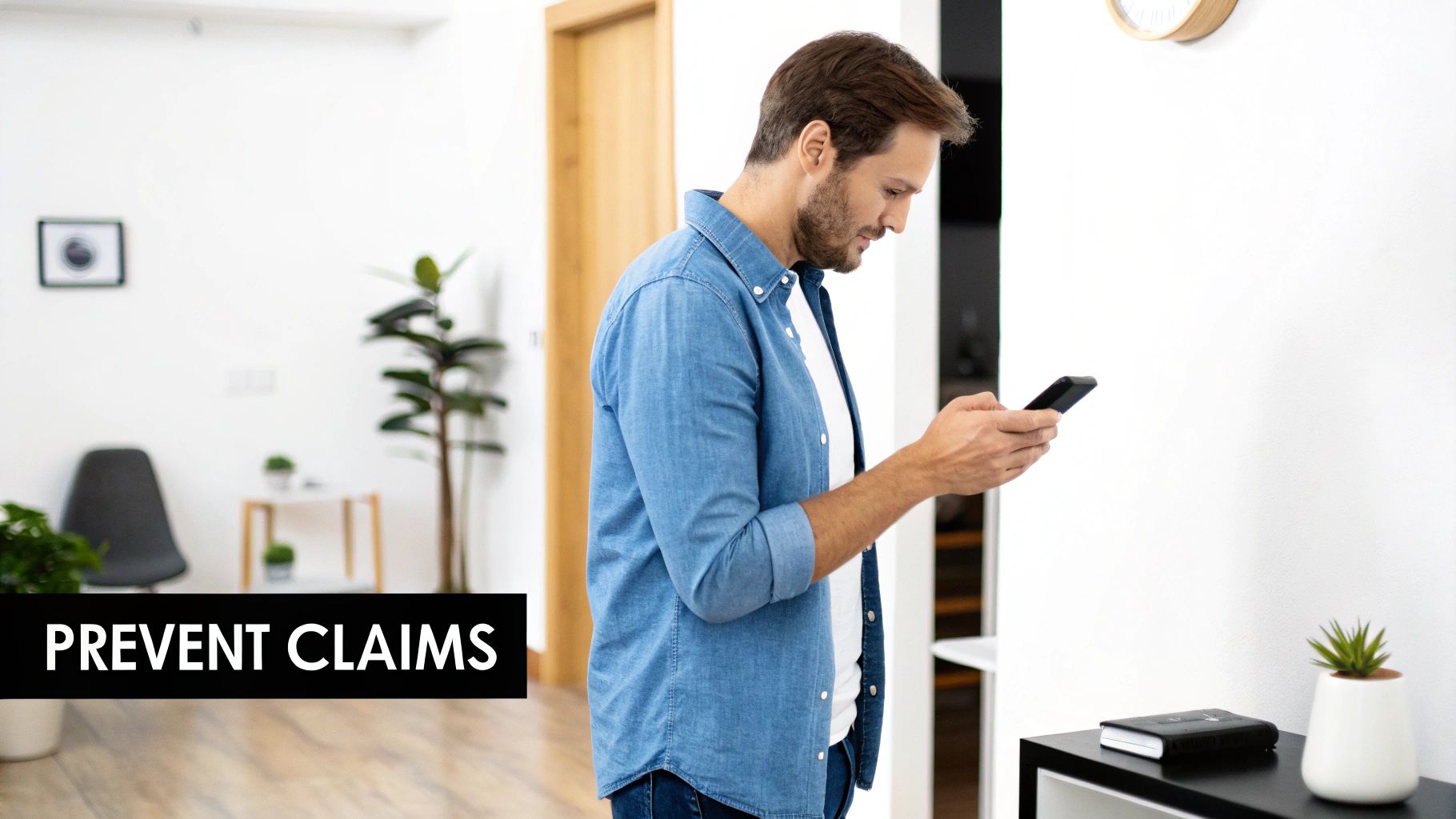 A man in a denim shirt intently uses his smartphone in a bright, modern home.