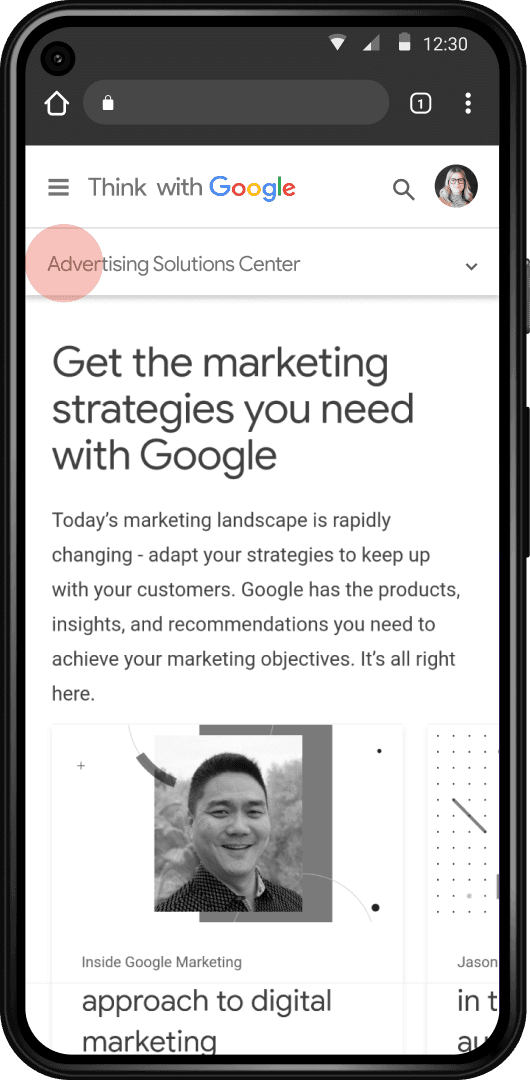 Mobile screen display of the Think with Google home page