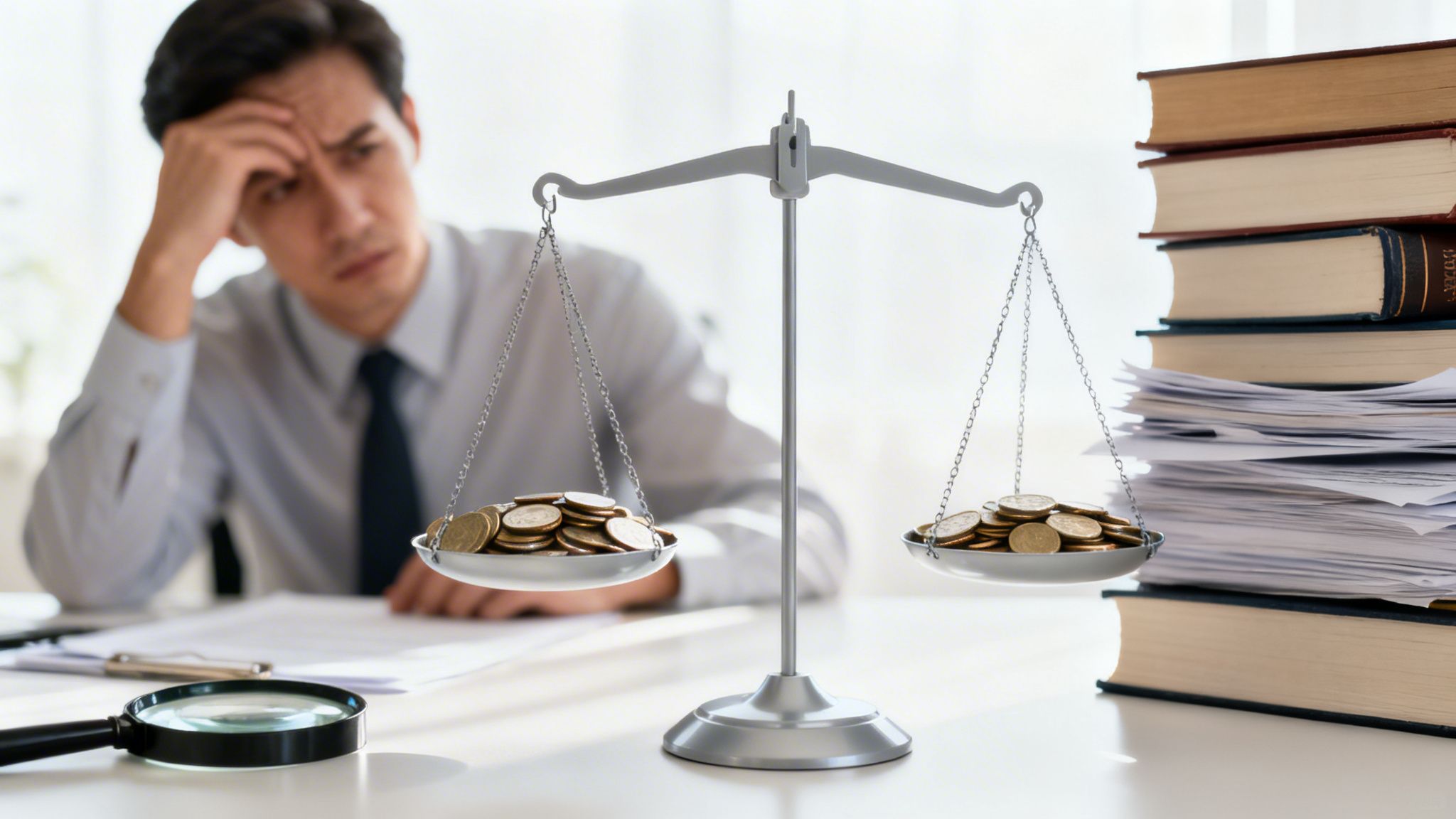 En stressad man tittar på en balansvåg med mynt på båda sidor, med böcker och papper i bakgrunden.
