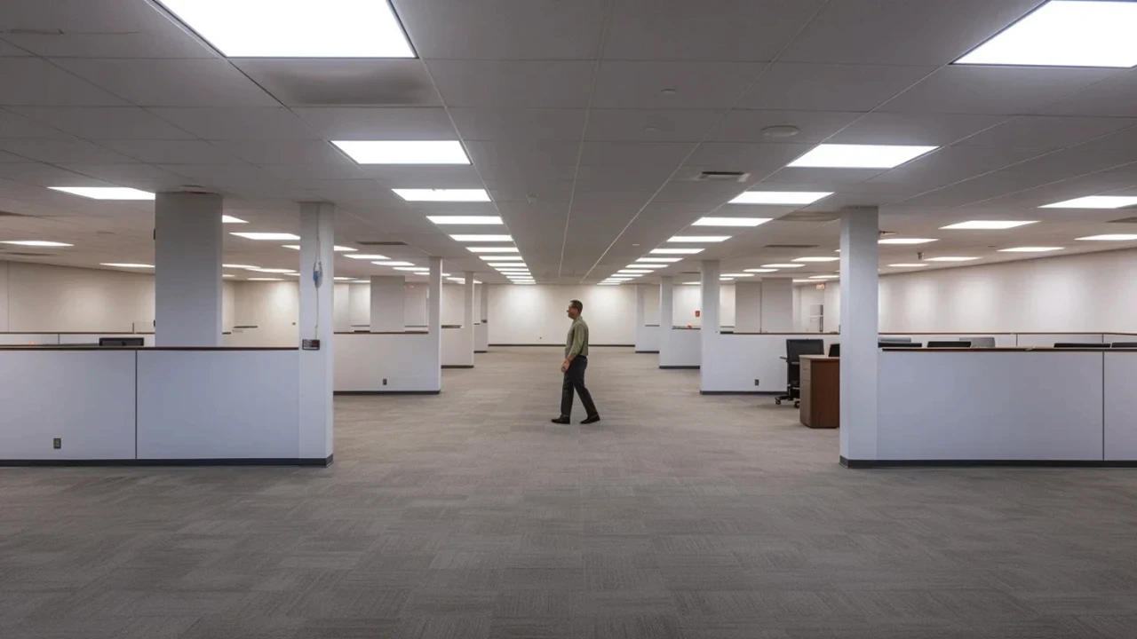 Homme marchant seul au centre d’un vaste open space presque vide, entouré de rangées de bureaux séparés par des cloisons blanches et éclairé par des plafonniers rectangulaires. L’image illustre la thématique “IA, recrutement et recrutement”, évoquant l’automatisation et la déshumanisation possible des processus en entreprise.