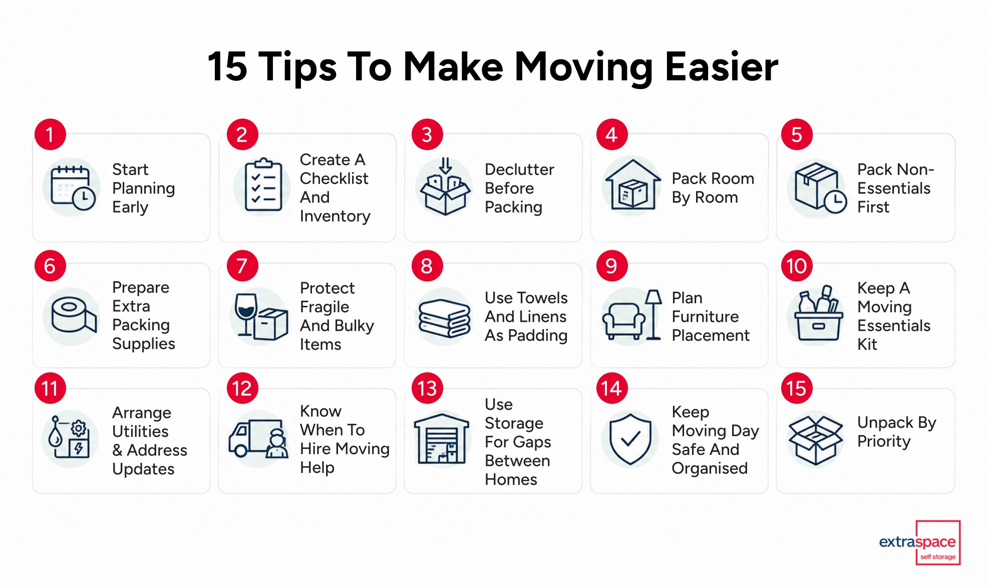 15 tips to make moving easier, from planning to unpacking. 