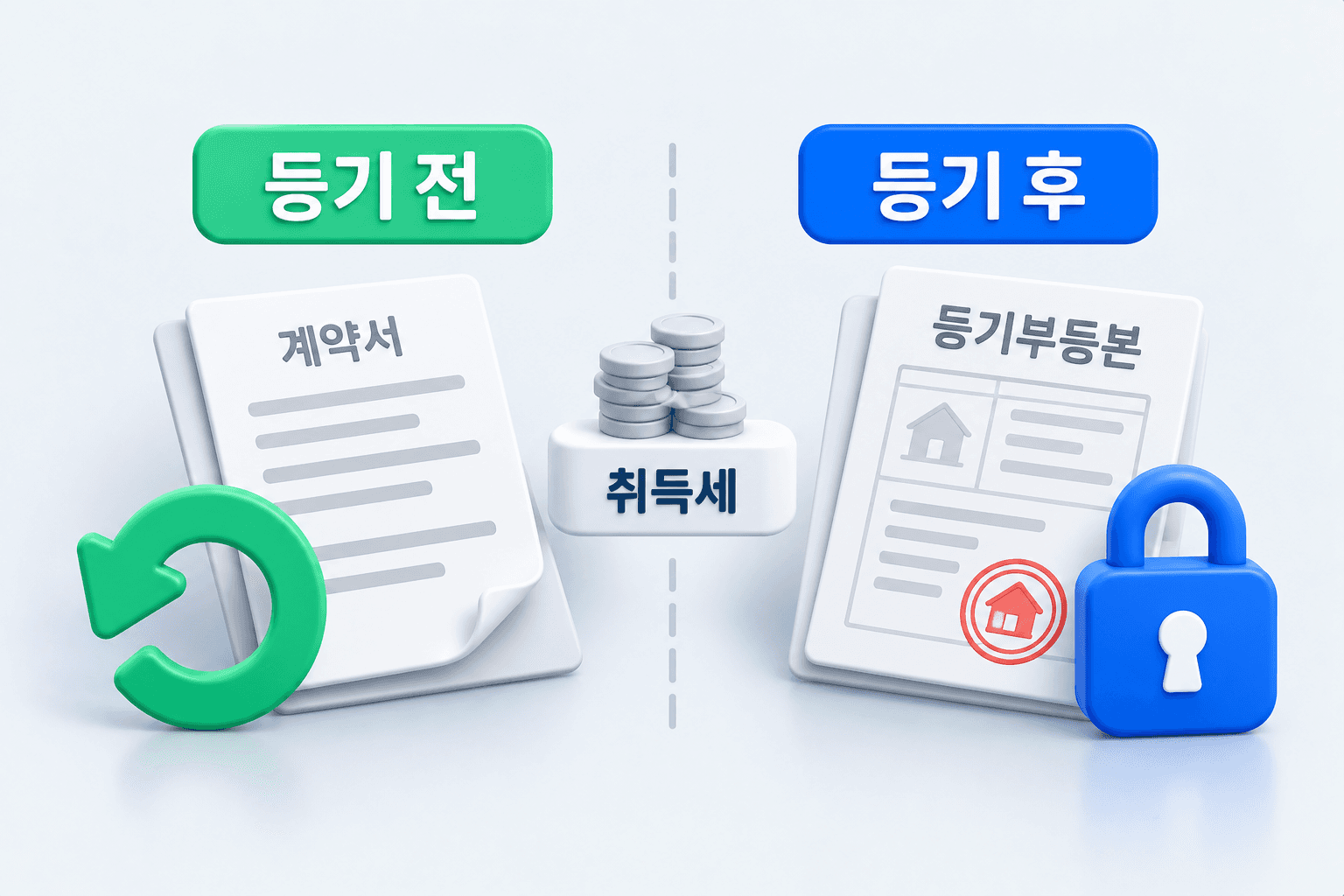 등기 전 계약서와 등기 후 자물쇠가 채워진 서류를 좌우로 나눈 도해