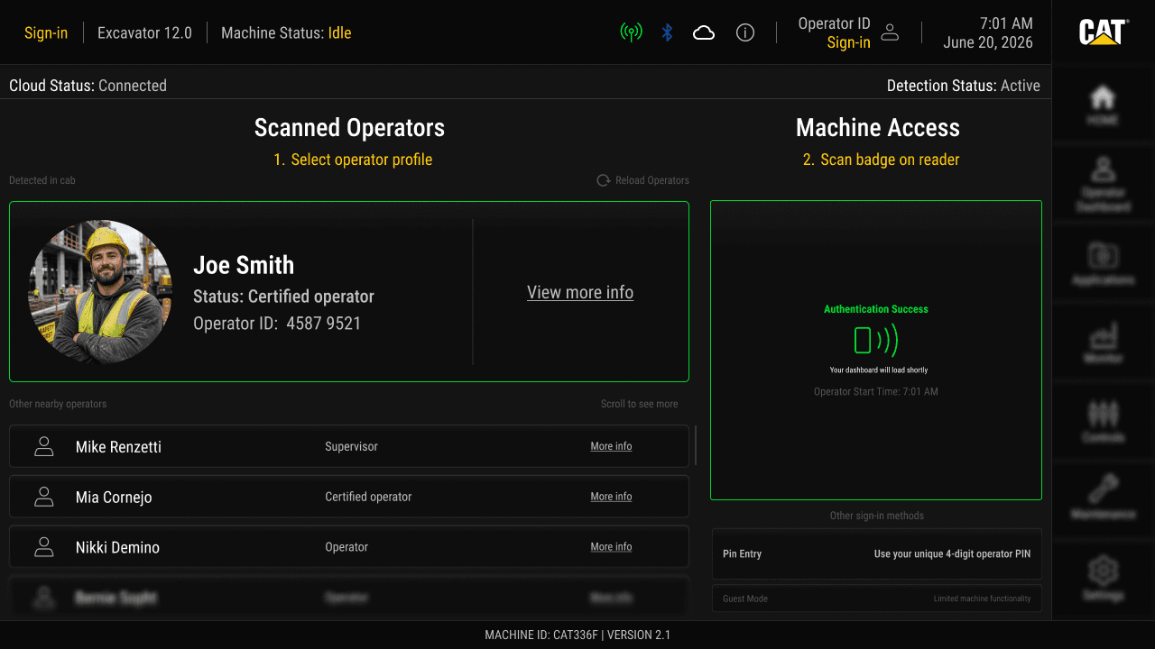 Operator sign-in screen