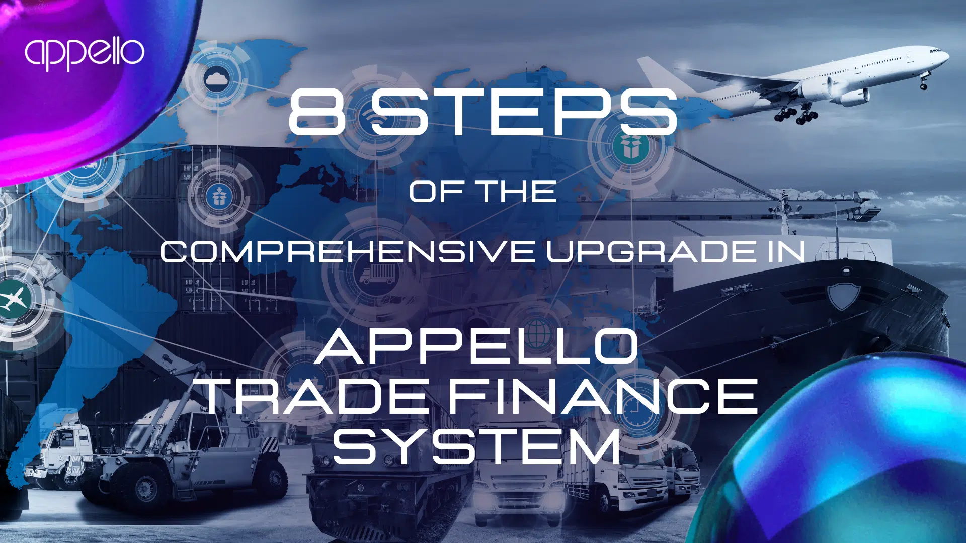 A futuristic digital representation of global trade with an airplane, cargo ships, trucks, and financial elements, highlighting the 8 steps of the Appello Trade Finance System upgrade.