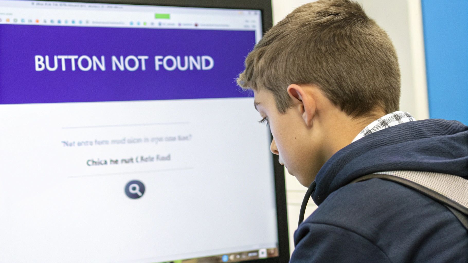 A student looking at a computer screen with a frustrated expression, symbolizing a missing drop button.